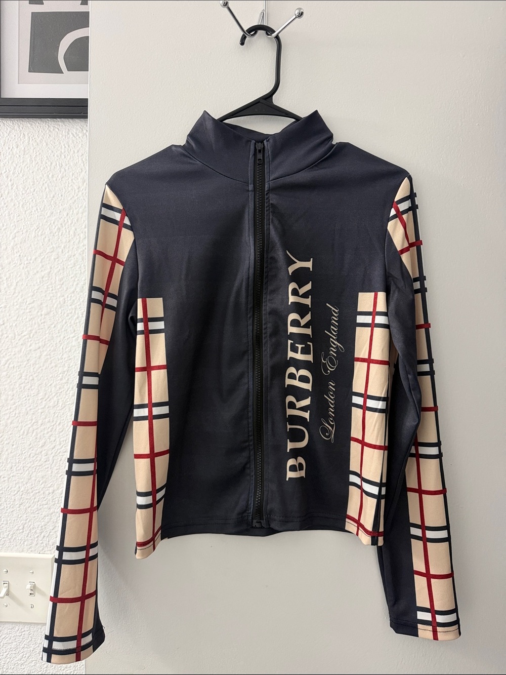 Closet Black Bomber Jacket with Beige and Red Plaid Panels